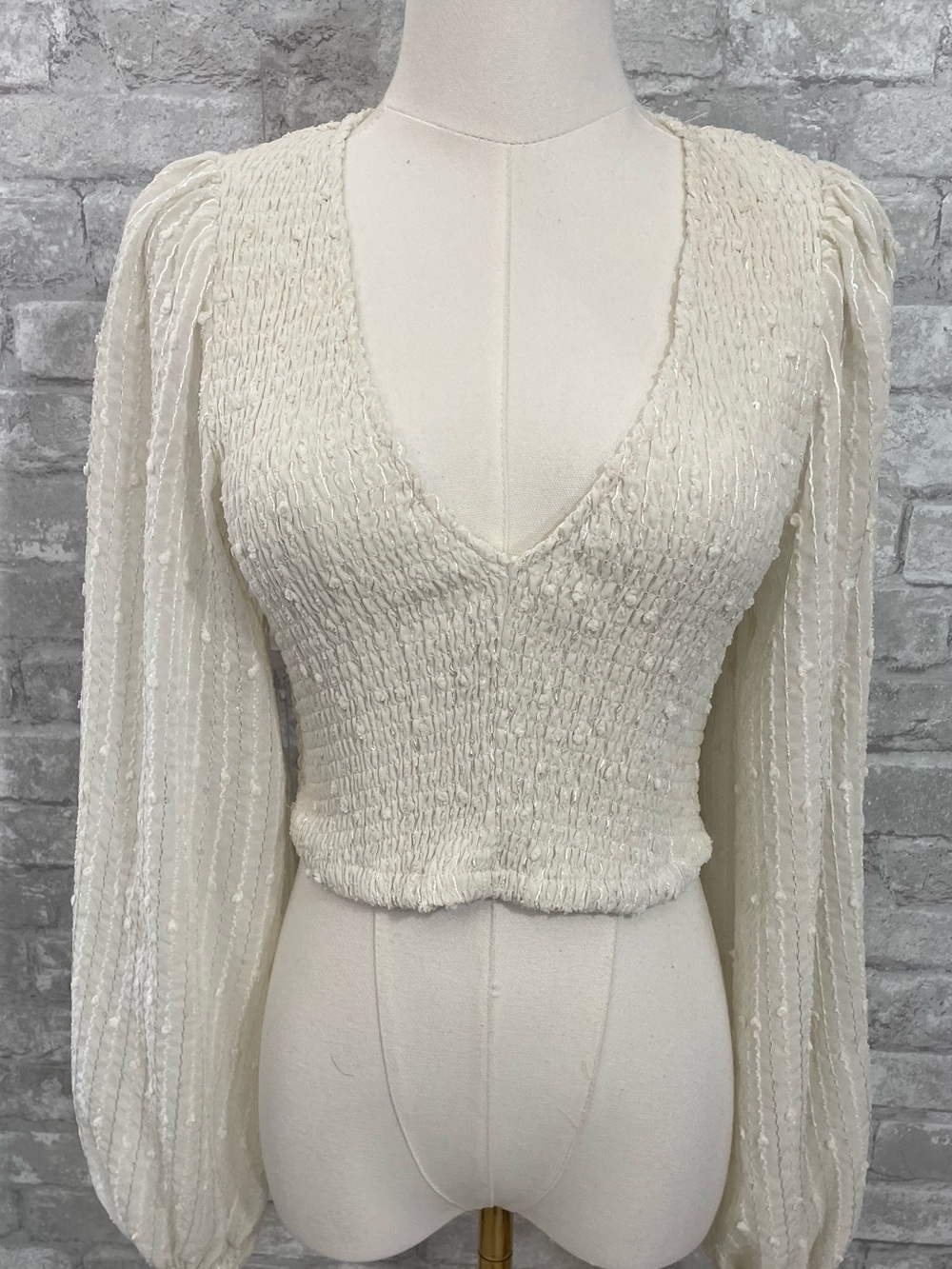 HYFVE Ivory Smocked V-Neck Crop Top with Sheer Balloon Sleeves